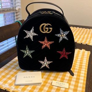 Gucci Velvet Matelasse Crystal Star Embroidered GG Marmont Dome Backpack Black
